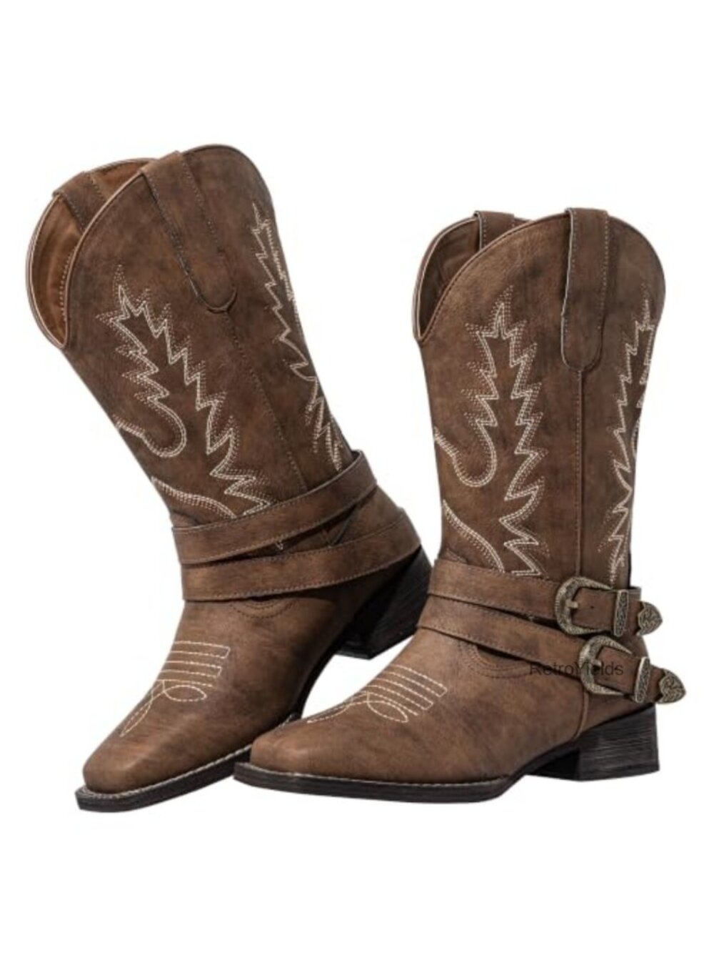 SheSole Women's Wide Calf Cowboy Boots with Buckle, Square Toe, Mid-CalfWestern